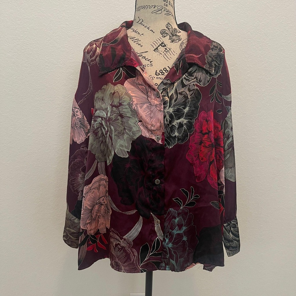 JOYSPUN‎  Floral Print Long Sleeve Button Up Shirt Burgundy XXL Dark moody